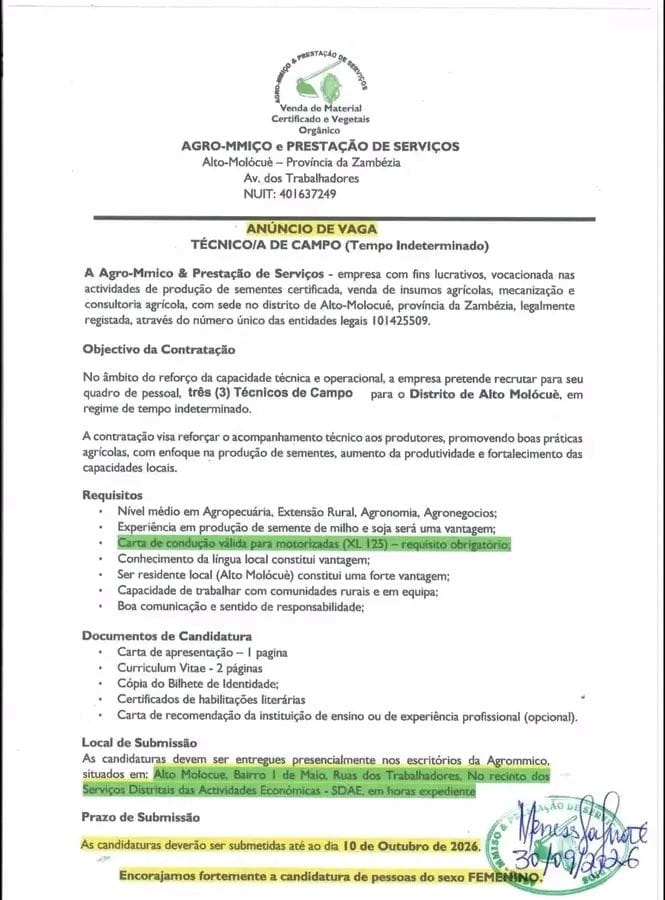 Empresa Agrícola Abre Vagas para Técnicos de Campo em Alto Molócuè